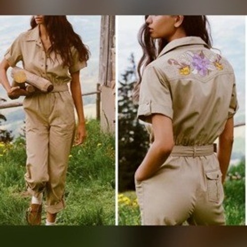 Spell Foxglove Utility Twill Jumpsuit Floral Embroidered Khaki Tan Small